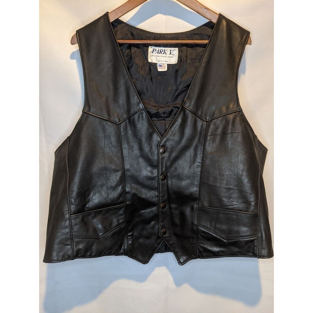 Vintage Park V‎ 100% Leather Motorcycle Vest Harley Owners Group Patches Mens 52